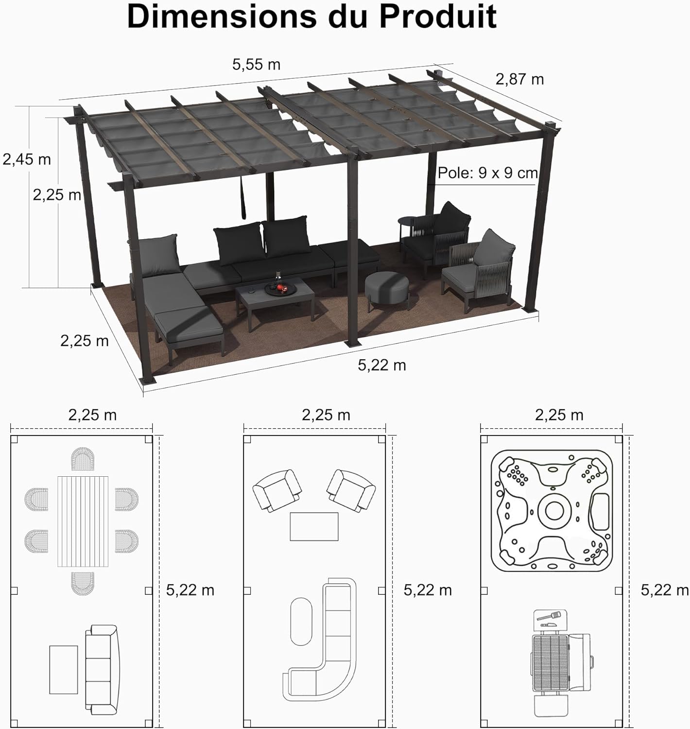 karaca-alisveris - pergola aluminium - 5,5x3 m - toit coulissant, tissu teint