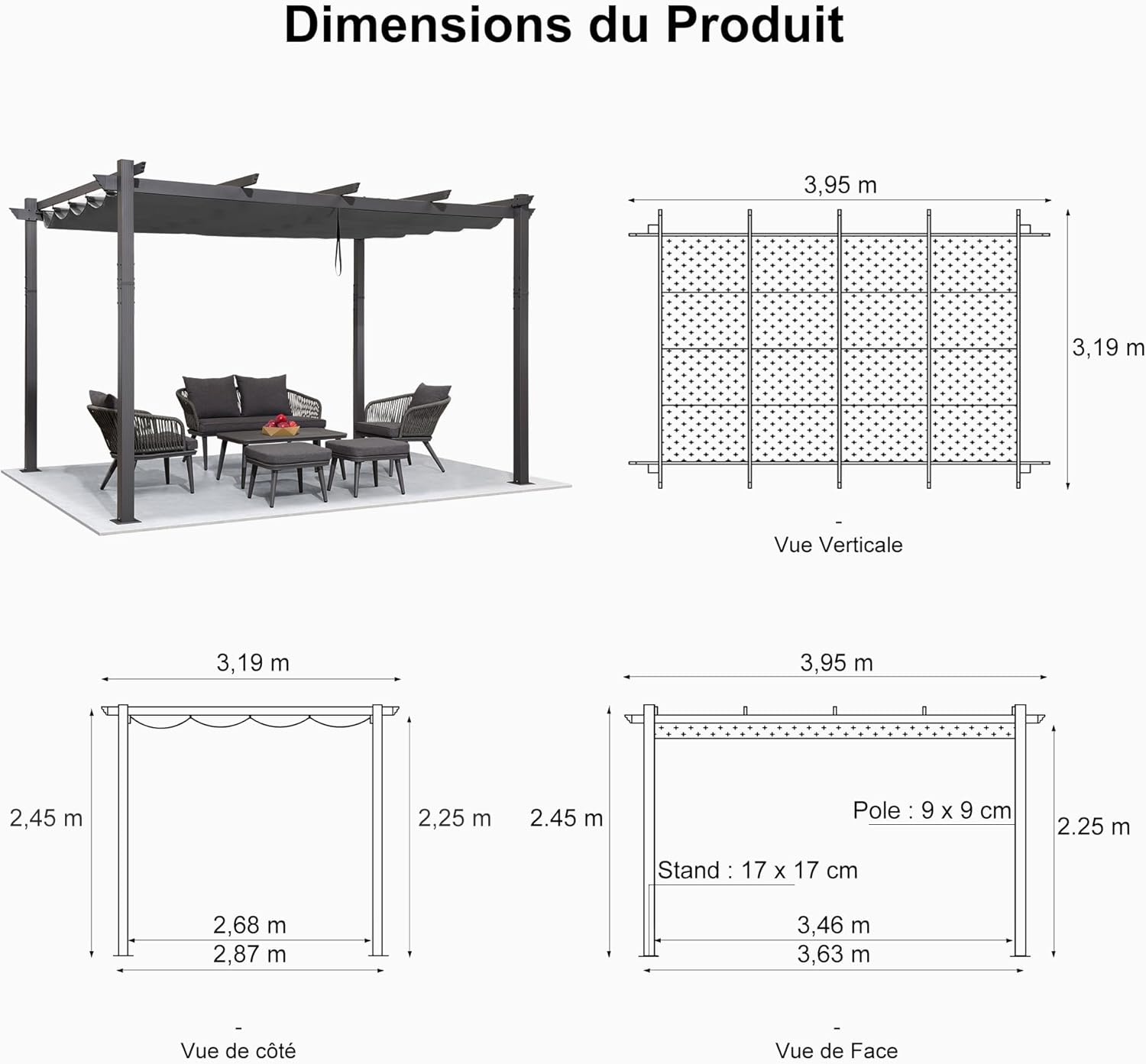 karaca-alisveris - Pergola aluminium - 4x3,2m - LED, toit rétractable, toile teintée