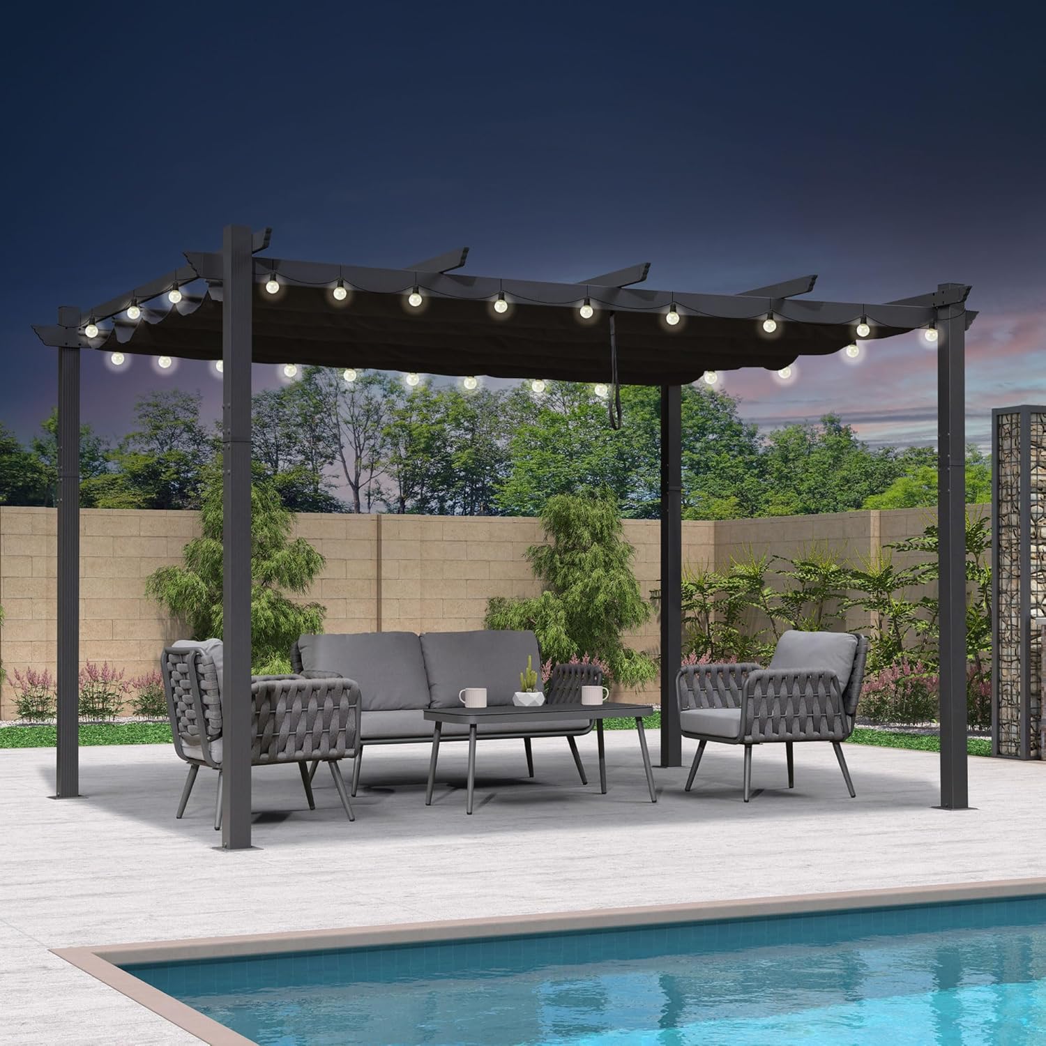 karaca-alisveris - Pergola aluminium - 4x3,2m - LED, toit rétractable, toile teintée