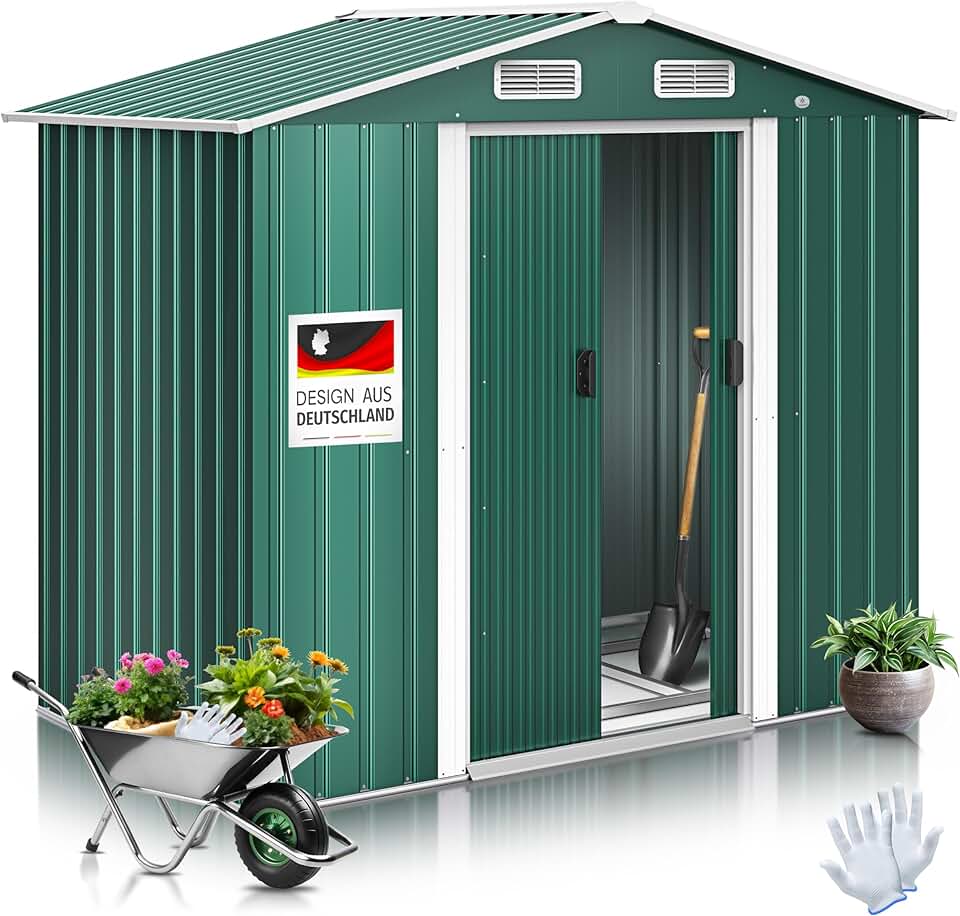 karaca-alisveris® Abri de Jardin XL en métal de 4,2 m³ avec Fondation, Gants de Travail, 182 x 118 x 186 cm, 2 Portes coulissantes, Abri à Outils, Armoire, Toit à Pente de Jardin Vert