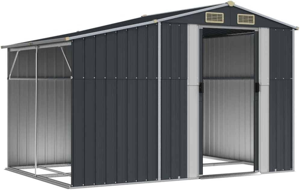 Abri de jardin - acier galvanisé 277x192,5x179 cm, rangement bois et aération, toit incliné