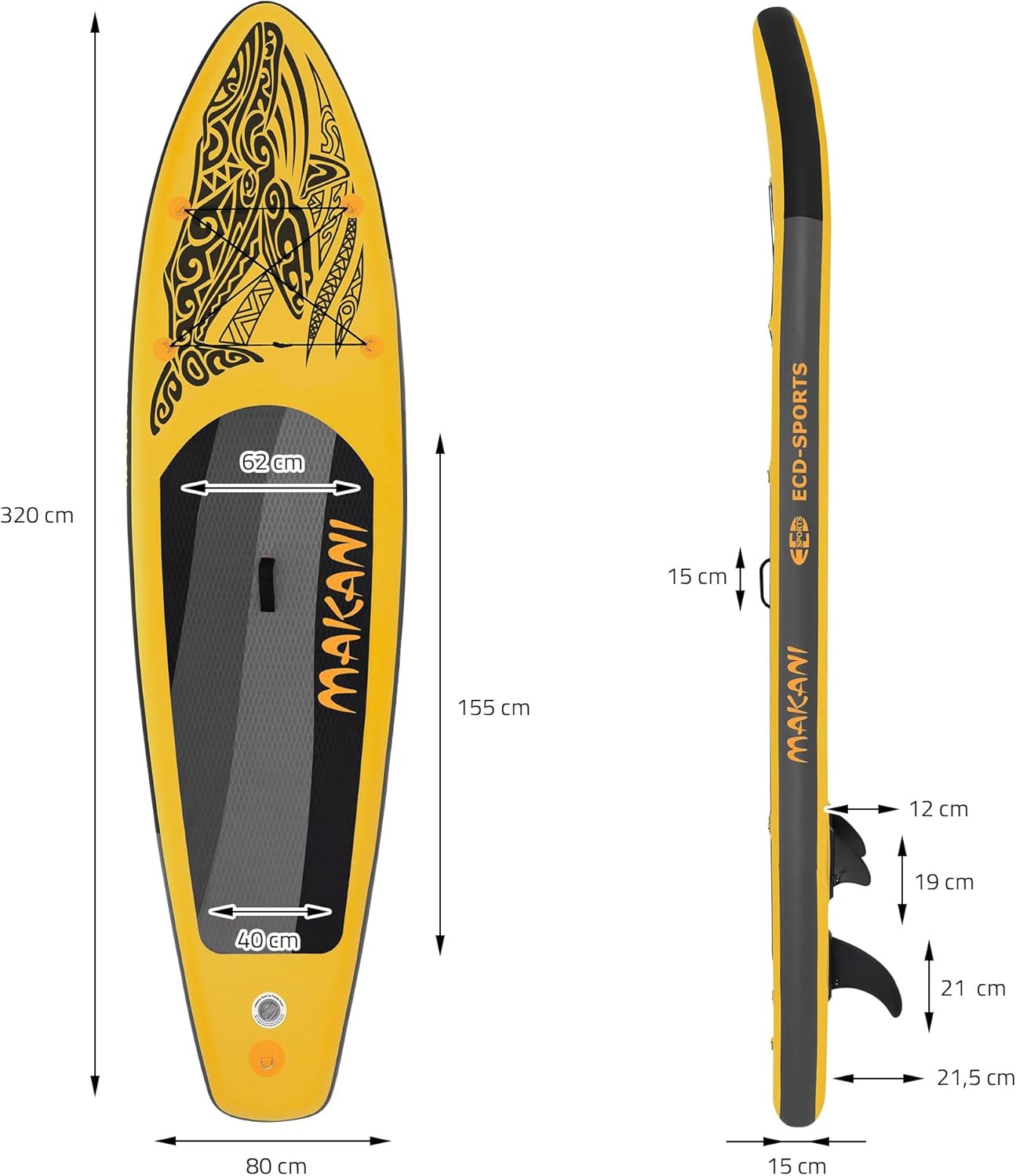 karaca-alisveris - stand up paddle série gonflable - 305/308/320/380 cm - PVC, 120/150 kg, 10/15 cm épaisseur