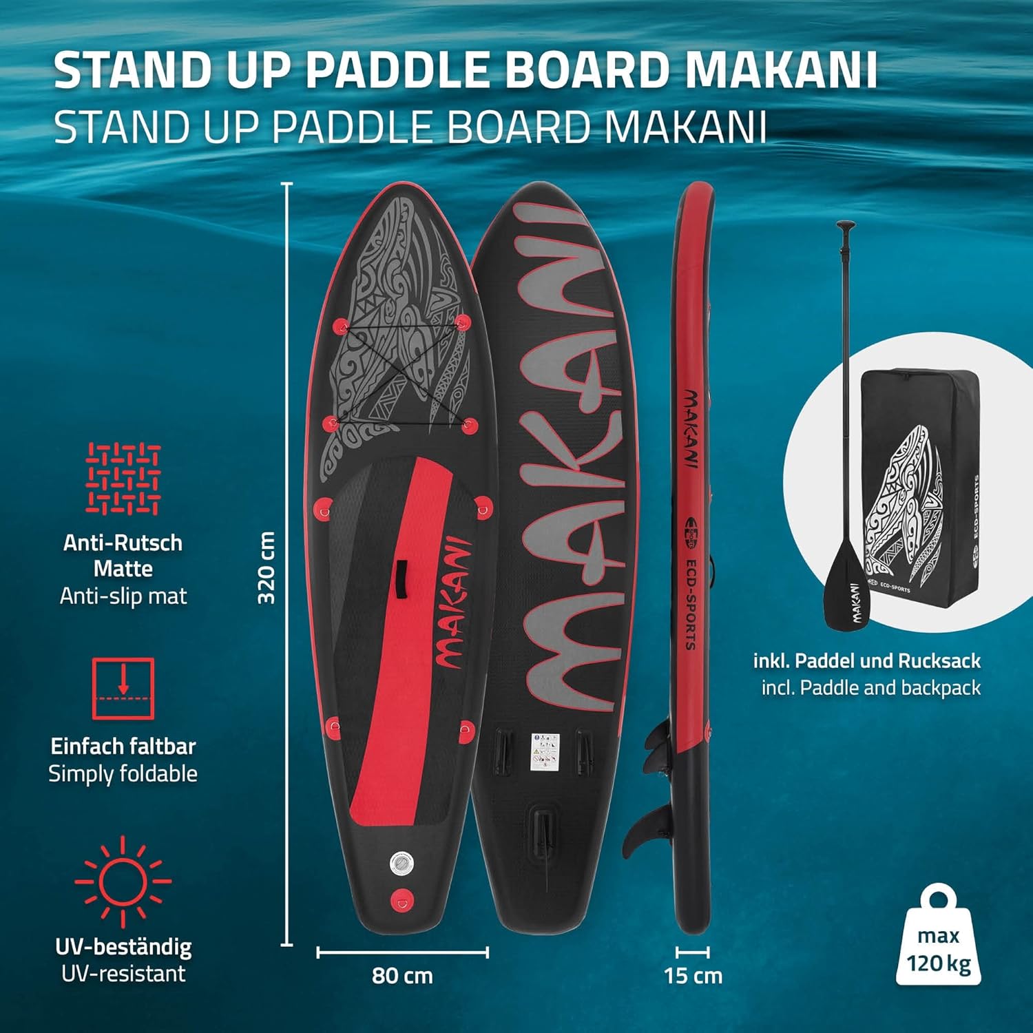 karaca-alisveris - Stand Up Paddle Board - 305/308/320/380 cm - PVC, 120/150 kg, 10/15 cm d'épaisseur