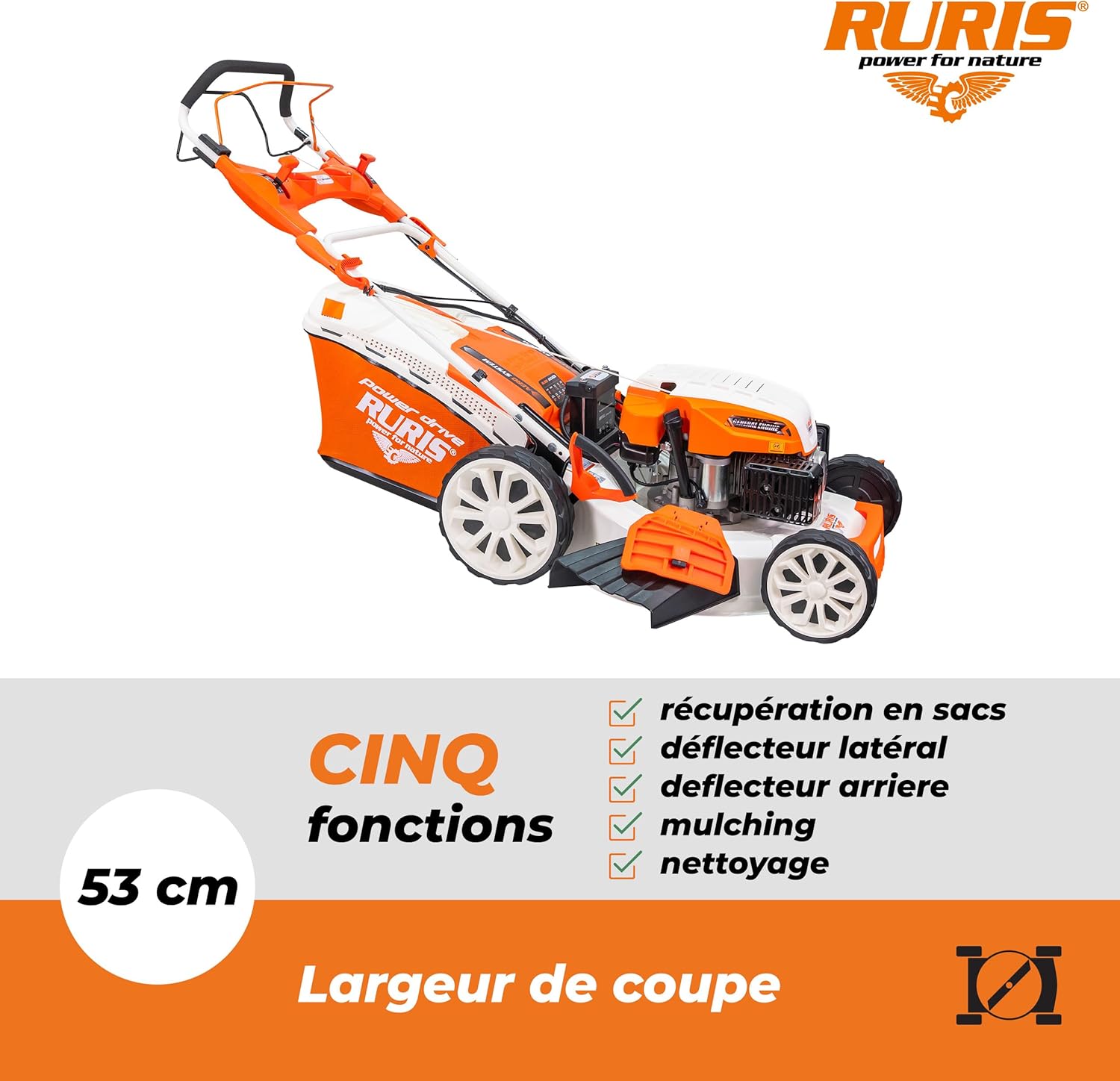 karaca-alisveris Tondeuse à Gazon Thermique 5 en 1 Mulching 5,7 CV 196cc RX500S, Orange