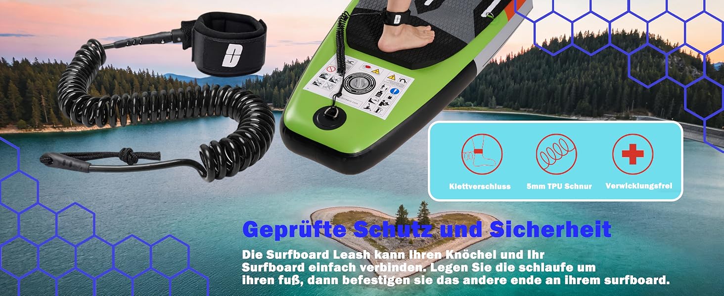 Série d'images de produits montrant un appareil électronique vert et noir sur fond bleu à motif hexagonal avec des informations de sécurité.