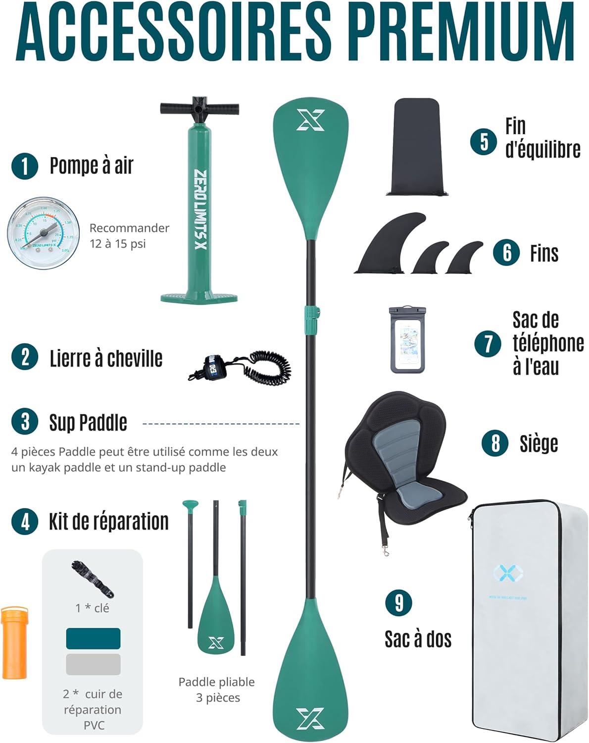 ZLX - Paddle Gonflable 2 places - 320x84cm - Sup avec siège kayak, accessoires, pour tous niveaux
