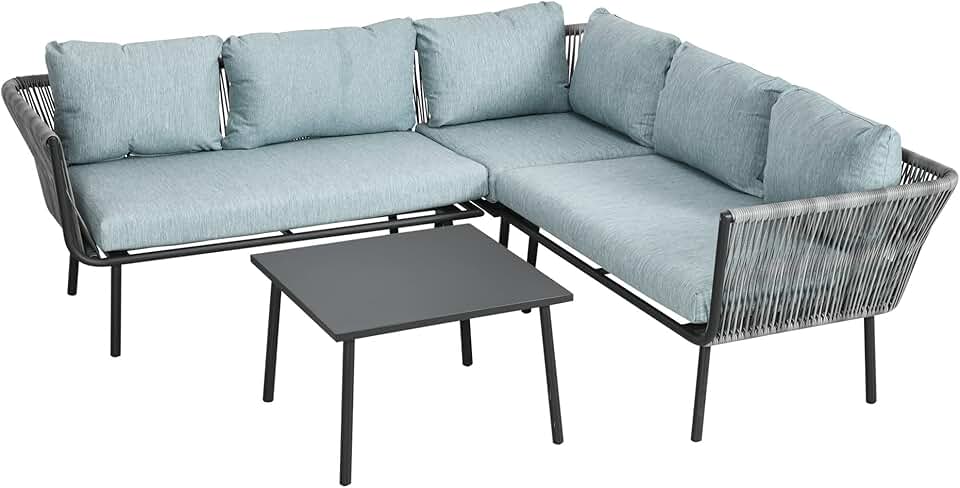 karaca-alisveris - Salon de jardin d'angle résine tressée 4 places - alu, coussins inclus, gris