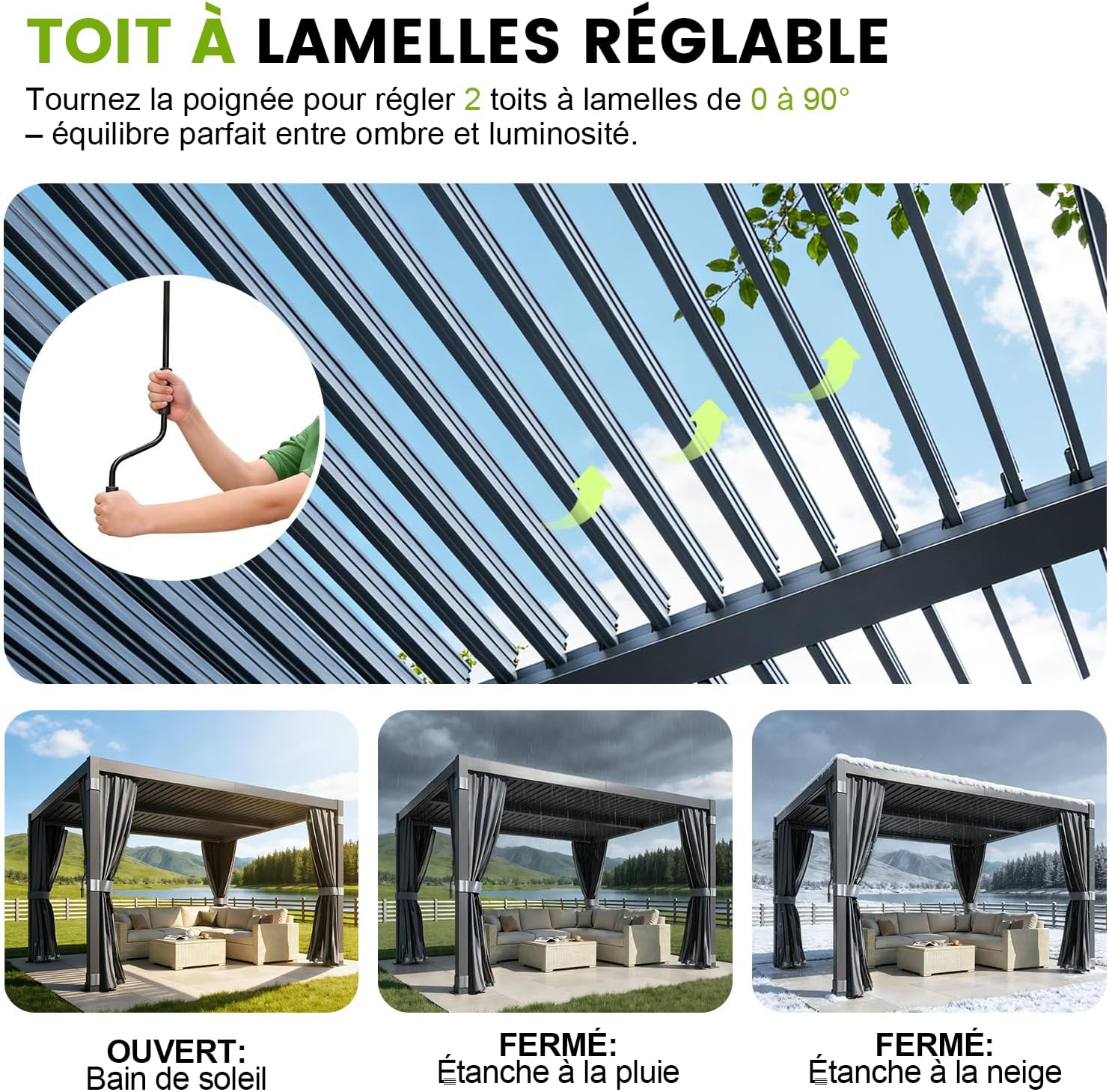 Pergola bioclimatique aluminium acier 3x3,6m toit lamelles rideaux