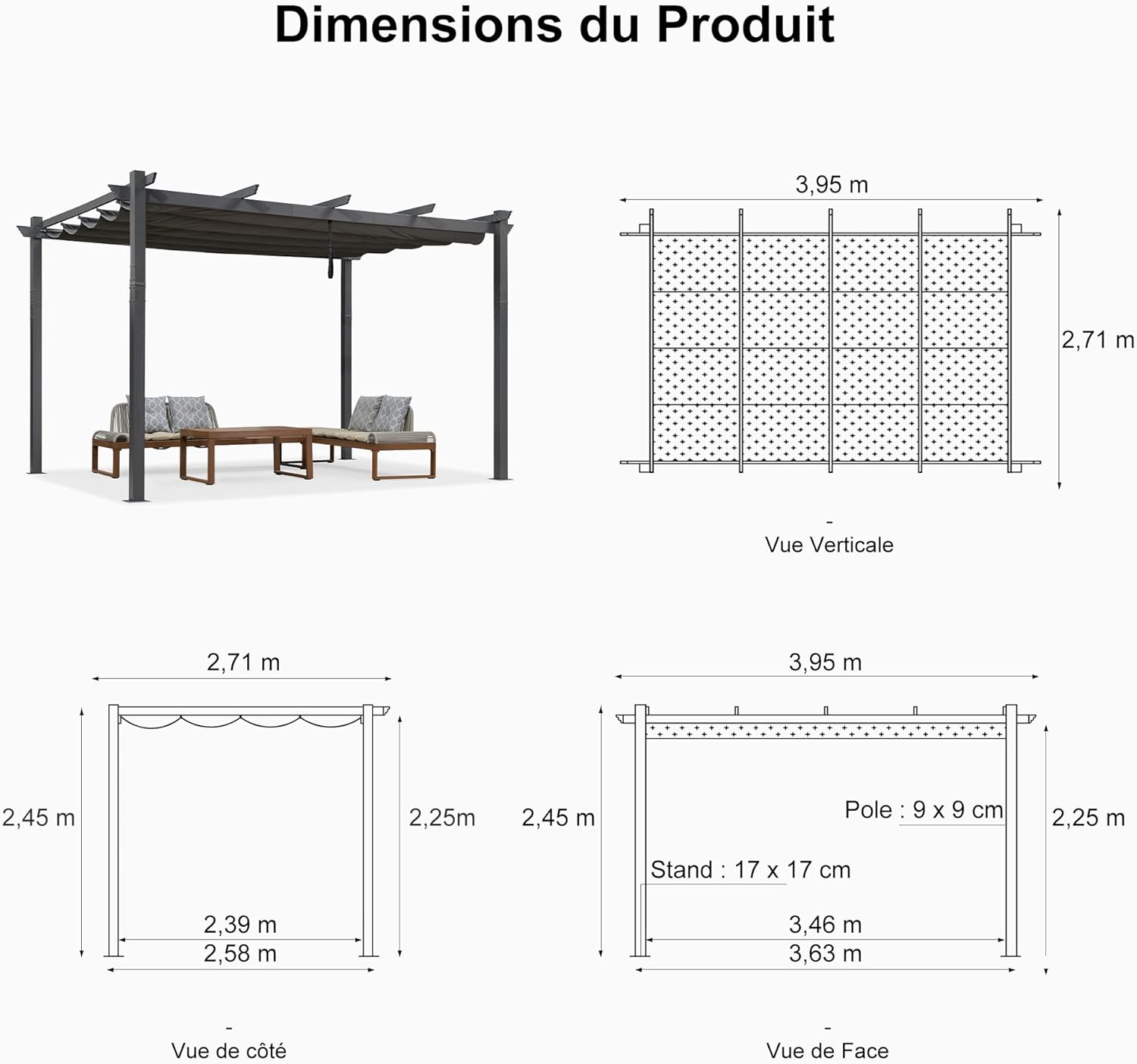 karaca-alisveris - Pergola murale série aluminium 4x2,7m toit coulissant, tissu teint, gris