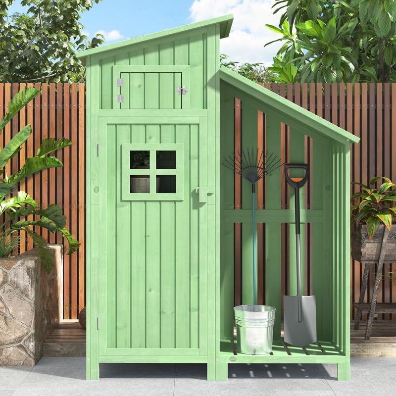 Abri de Jardin en Bois 124x46x174cm,Rangement Outils de Jardin,Cabane de Jardin Extérieur avec Serrure en PVC incliné à loquet,Vert