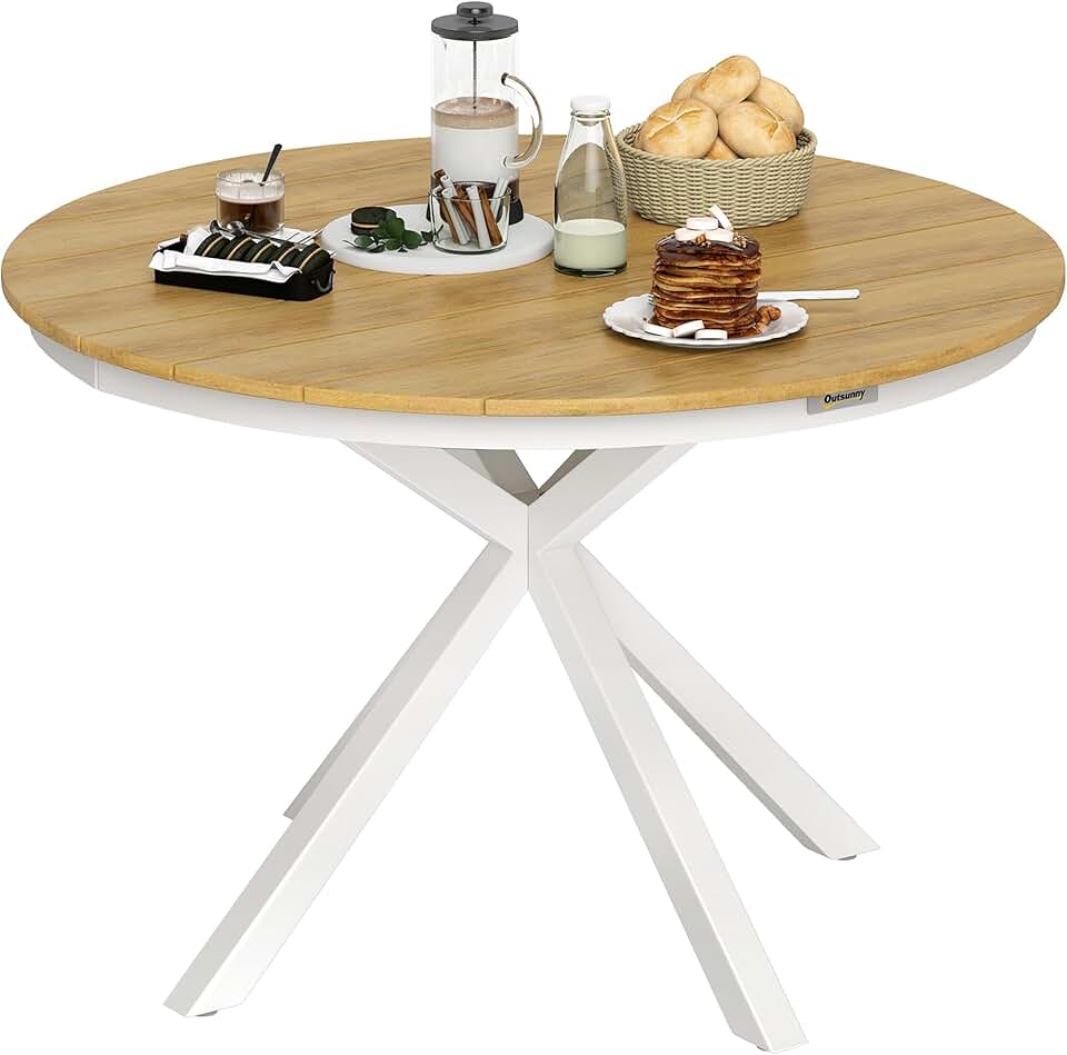 karaca-alisveris - table ronde de jardin ø118 cm - aluminium, effet bois, pieds réglables
