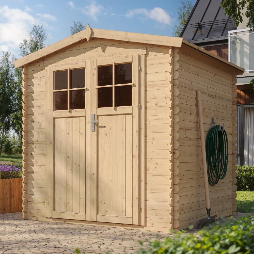 Abri de Jardin en Bois avec Sol TRAITÉ Porte verrouillable de Haute qualité - Stockage extérieur I216xL206xH218 cm/ 3.53 m2 - Toit imperméable, fenêtres karaca-alisveris M343F+M343G