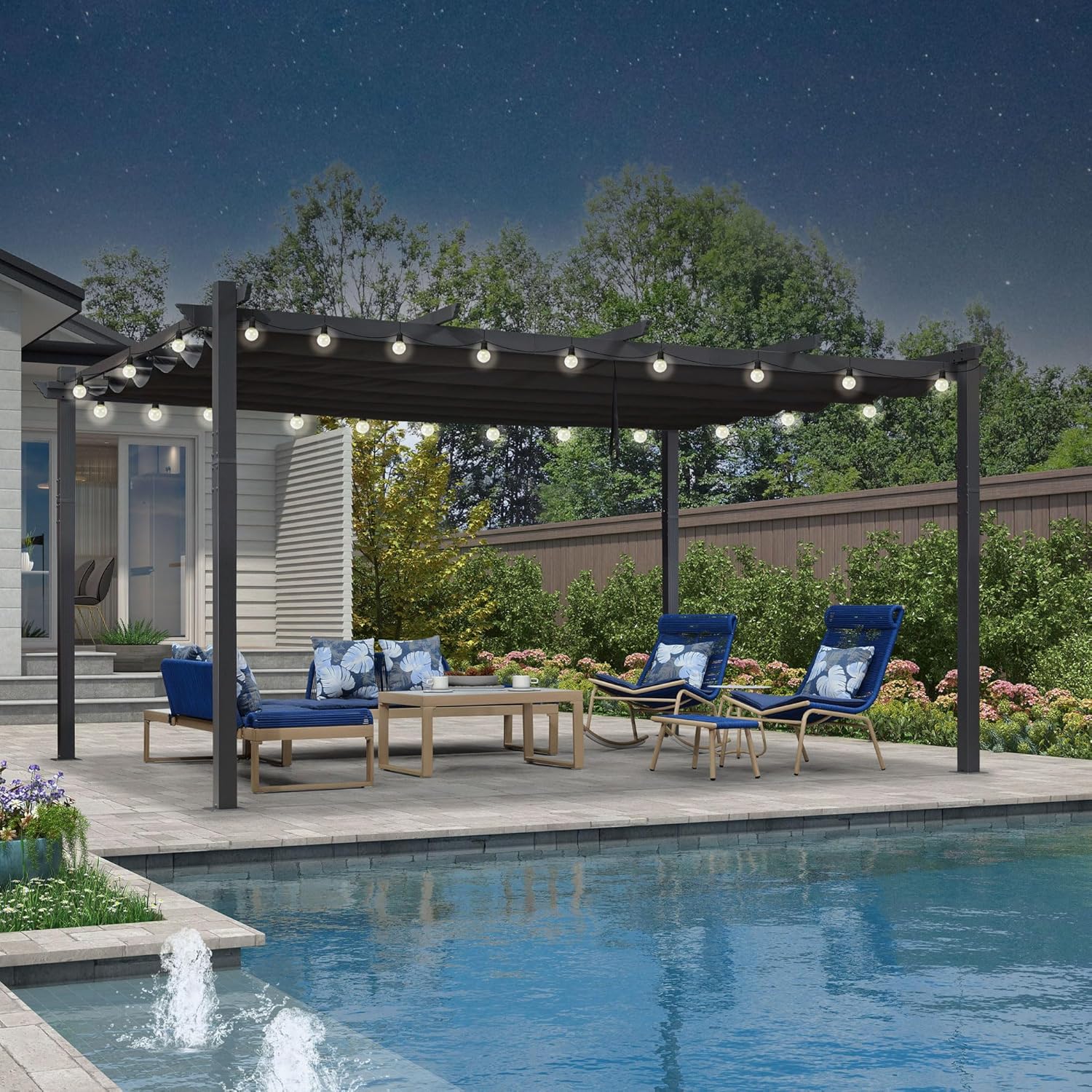karaca-alisveris - pergola aluminium - 4,8x3,5m - LED, toit rétractable, tissu mass teinté, structure résistante