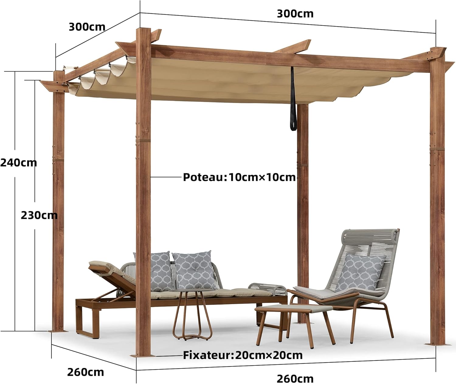 karaca-alisveris - Pergola 3x3m - aluminium, éclairage, toit rétractable