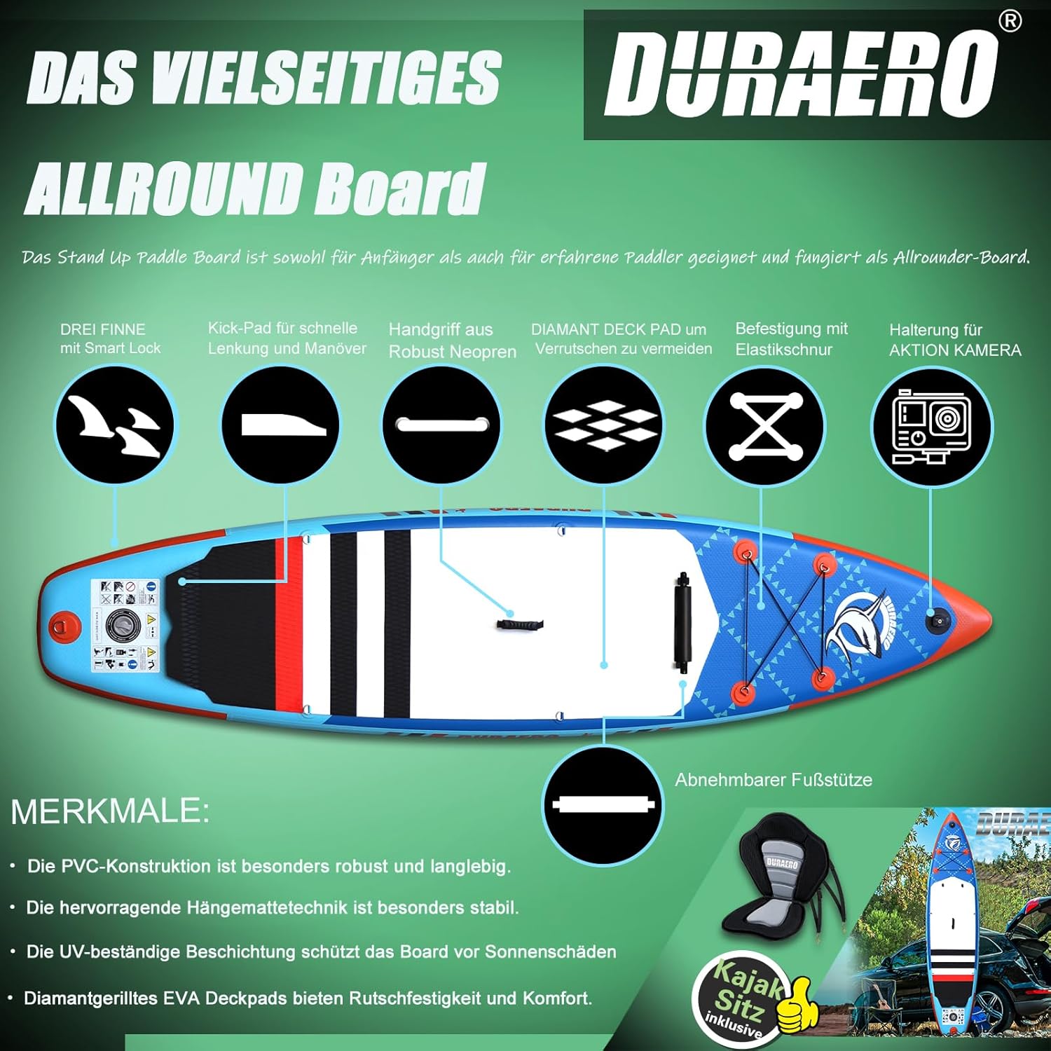 Stand up Paddle gonflable - 330x76x15 cm - siège kayak, support GoPro, double pagaie, 150 kg, bleu