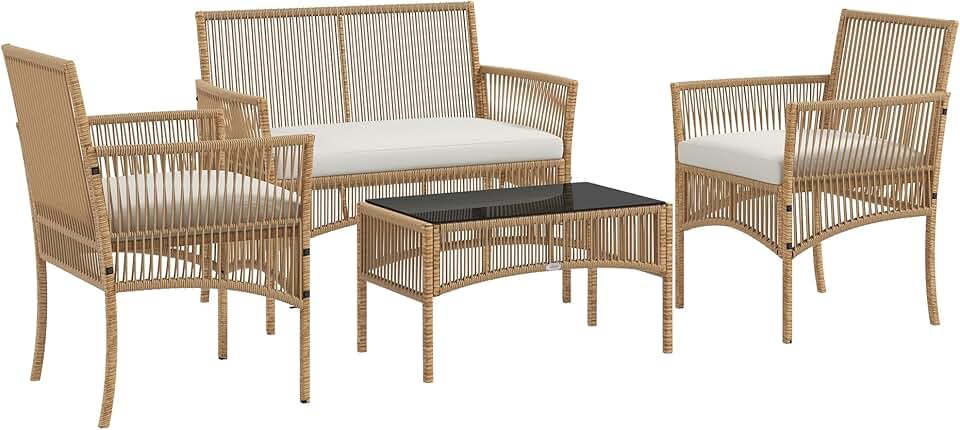 karaca-alisveris - Salon de jardin 4p - métal/résine, coussins beige, table verre
