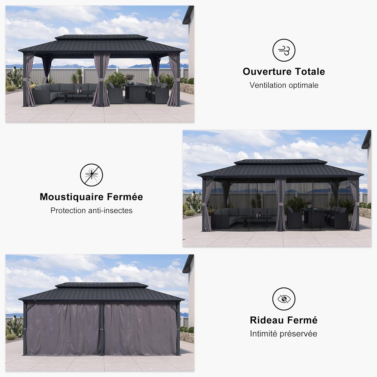 karaca-alisveris - pergola double toit 6x3m, alu & acier, rideaux & moustiquaire