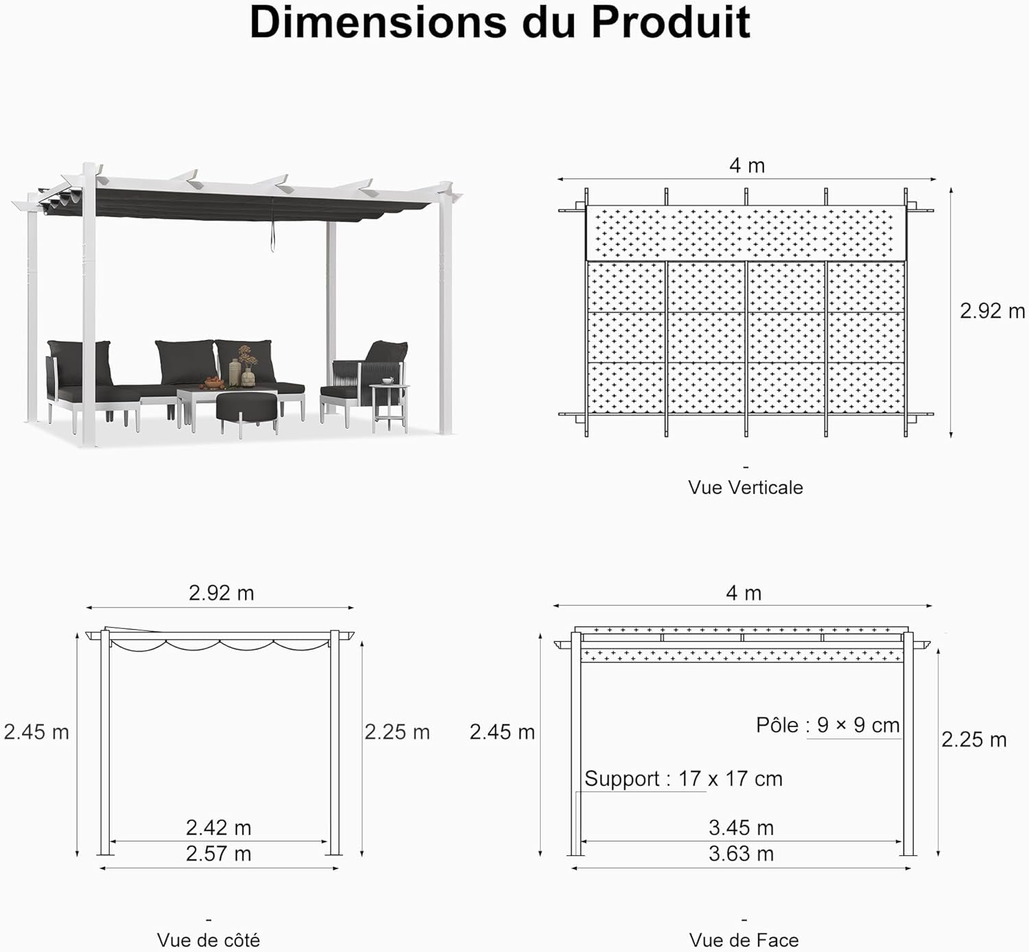 karaca-alisveris - pergola aluminium série - 4x3m - toit métal blanc, toile rétractable, étanche