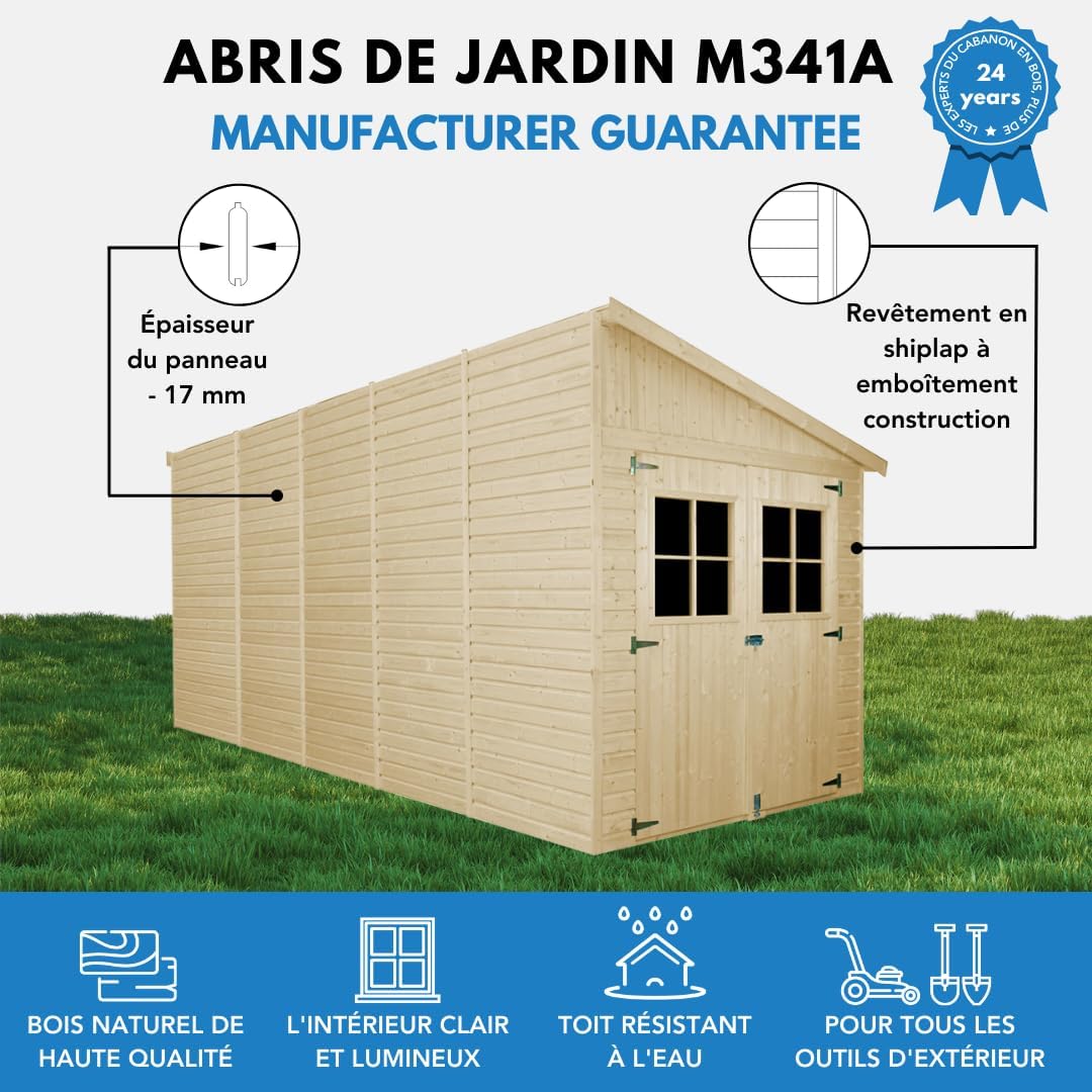 Abri de Jardin en Bois Naturel (avec paroi latérale) Plus Les PLANCHERS IMPRÉGNÉ- Stockage extérieur avec fenêtres- H244x218x514 cm/10 m2- Atelier Rangement Outils et vélos- karaca-alisveris M341A+M341G