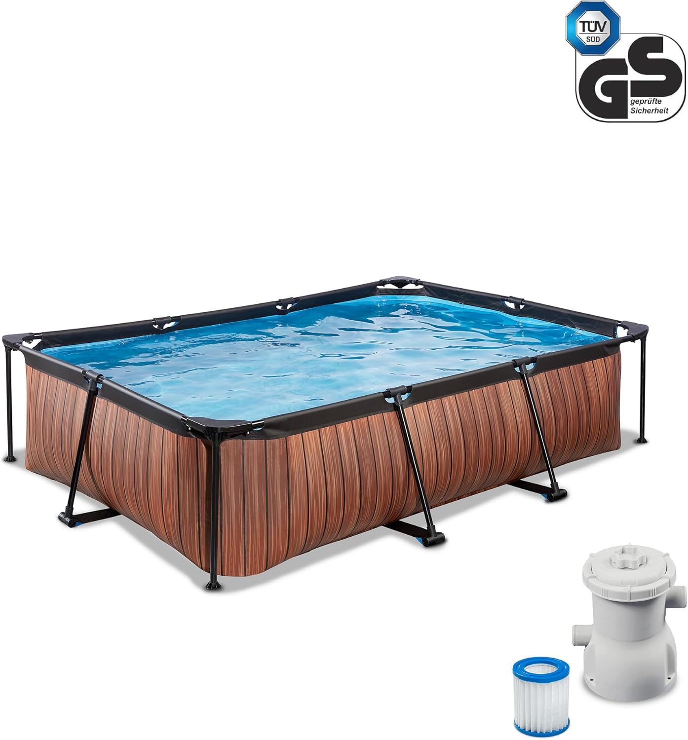 karaca-alisveris Piscine en Bois - 300 x 200 x 65 cm - Rectangulaire et compacte - avec Pompe à Filtre à Cartouche - Facile d'accès - Convient pour Les Tout-Petits - Cadre Solide - Design Unique - Marron