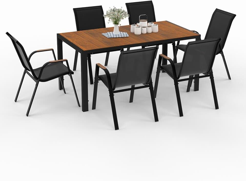 karaca-alisveris - Salon de jardin NOUMEA - 150 cm - plateau verre/bois, 6 chaises