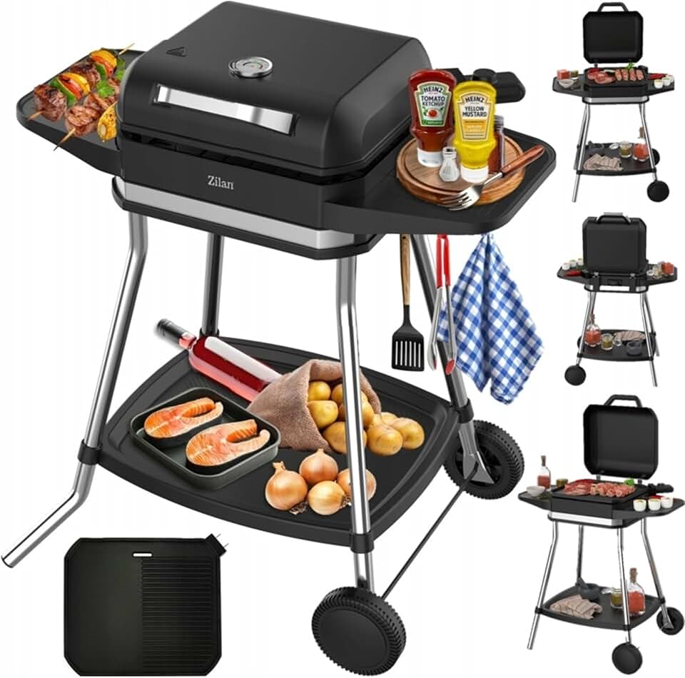 Barbecue électrique - 2 en 1 sur pied 3050W - grande surface, régulateur
