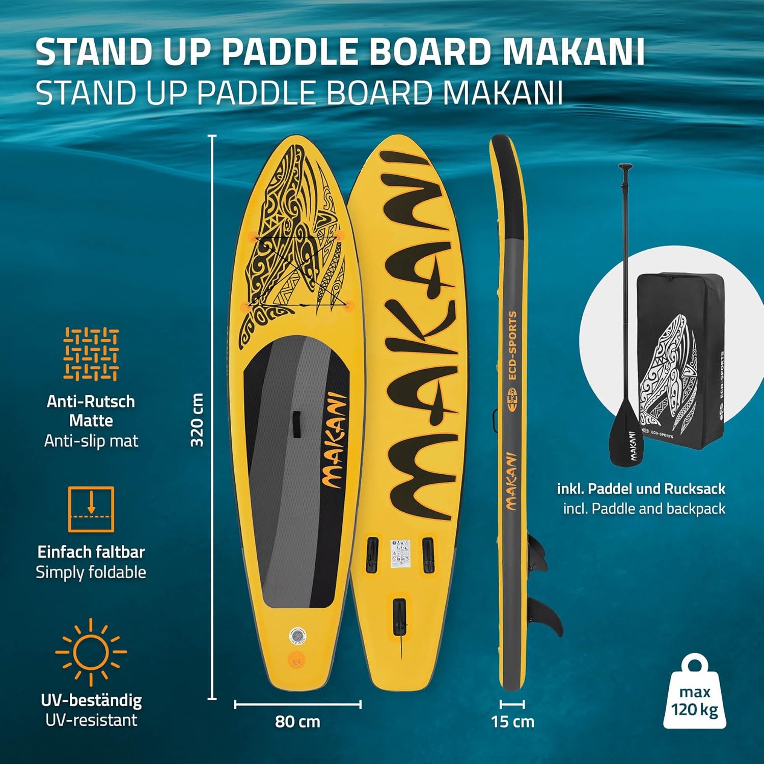karaca-alisveris - stand up paddle série gonflable - 305/308/320/380 cm - PVC, 120/150 kg, 10/15 cm épaisseur