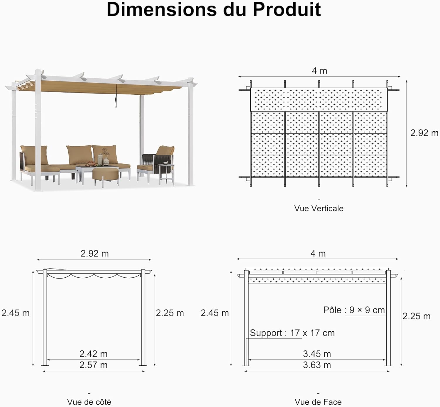 karaca-alisveris - Pergola aluminium série - 4x3m - toile rétractable, autoportante, imperméable, kaki