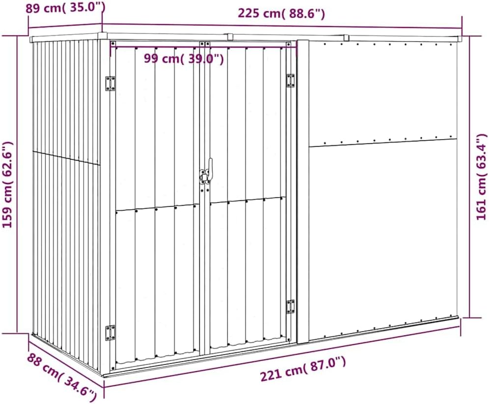 karaca-alisveris Abri à Outils de Jardin Gris 225x89x161 cm Acier galvanisé, Maison & Jardin, Pelouses & Jardins, Vie en extérieur, Structures extérieures, Cabanes & abris de Jardin, Gris, (Poids 36.62KG)