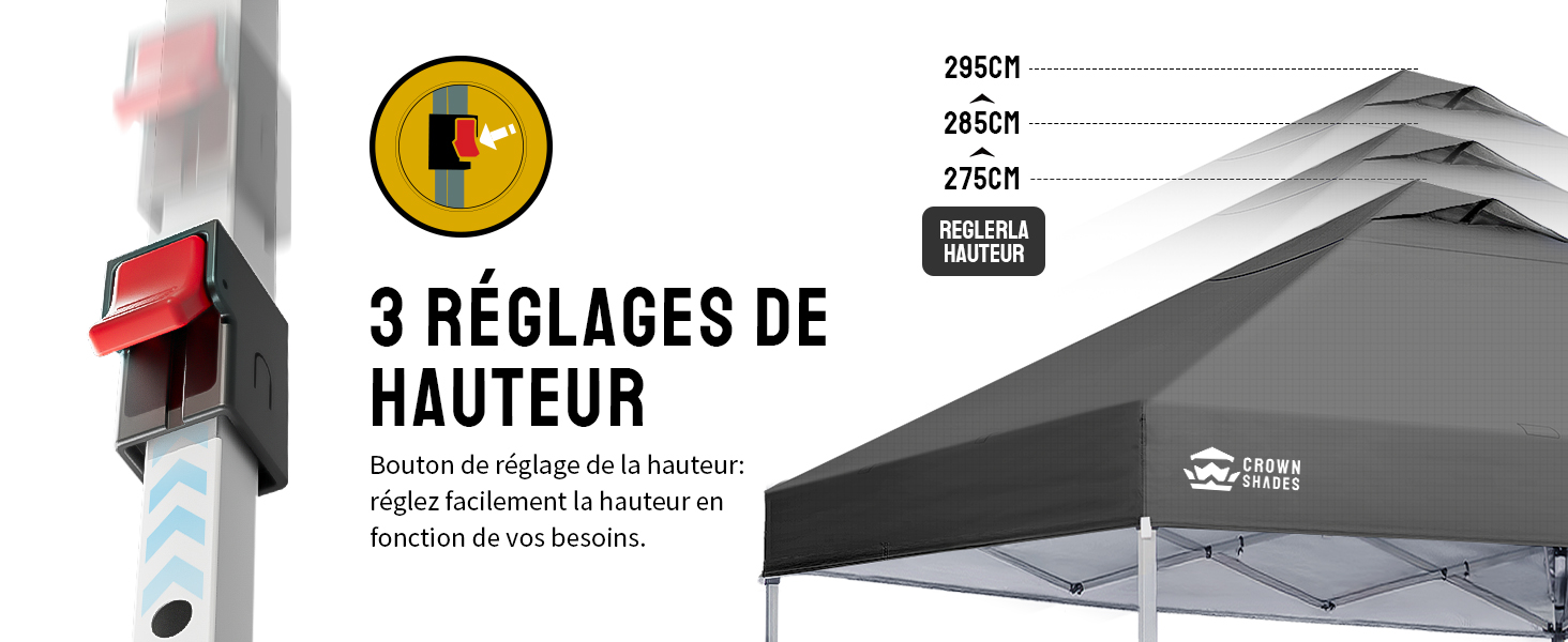 Le texte se lit comme suit : « 3 RÈGLES DE HAUT » avec du texte français supplémentaire en dessous. Le produit comprend un support mural ou un support mural réglable rouge et blanc avec indicateur circulaire jaune, conçu pour le réglage de la hauteur.