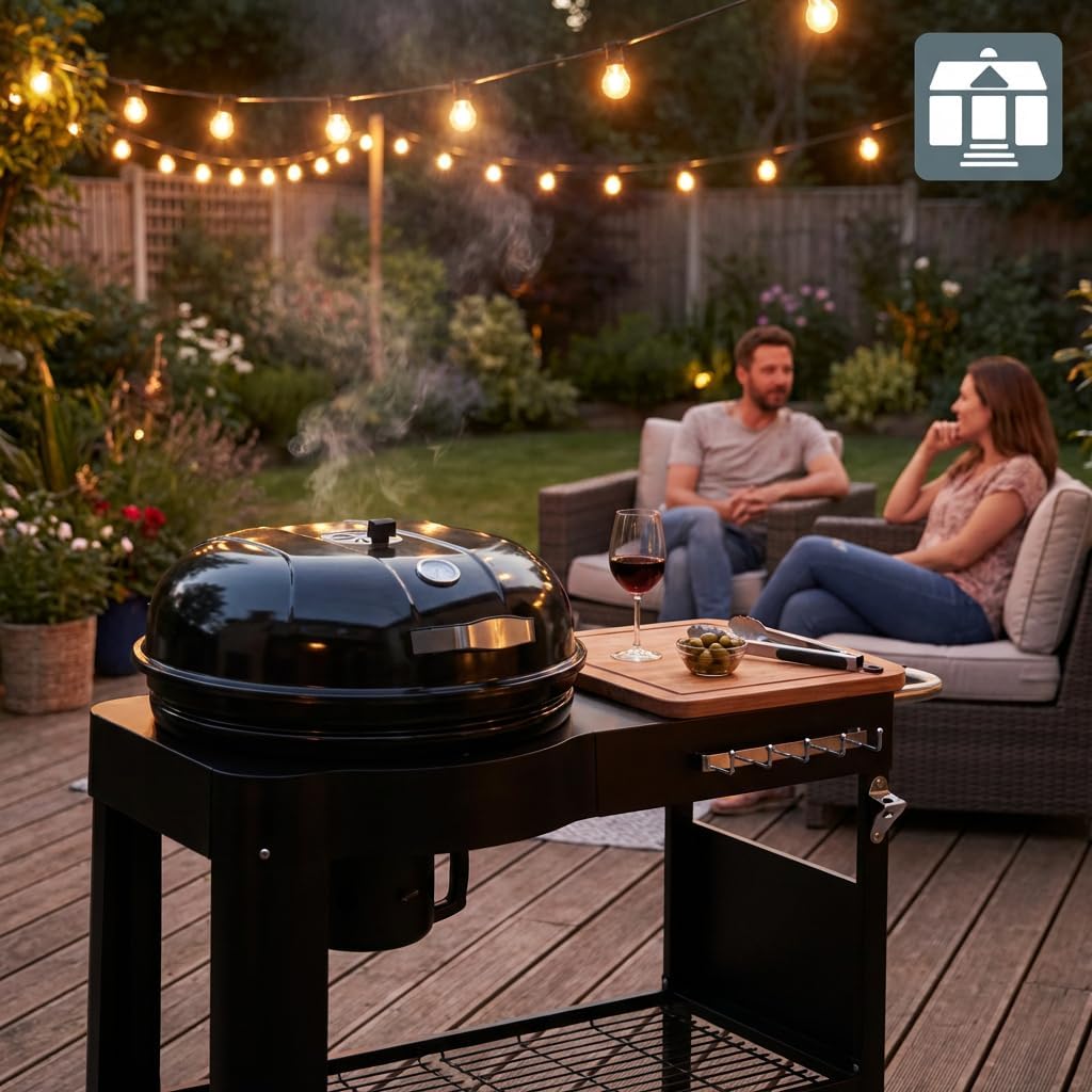 karaca-alisveris - Barbecue Calgary - acier/bois - couvercle thermomètre, tablettes, 2 roues, noir