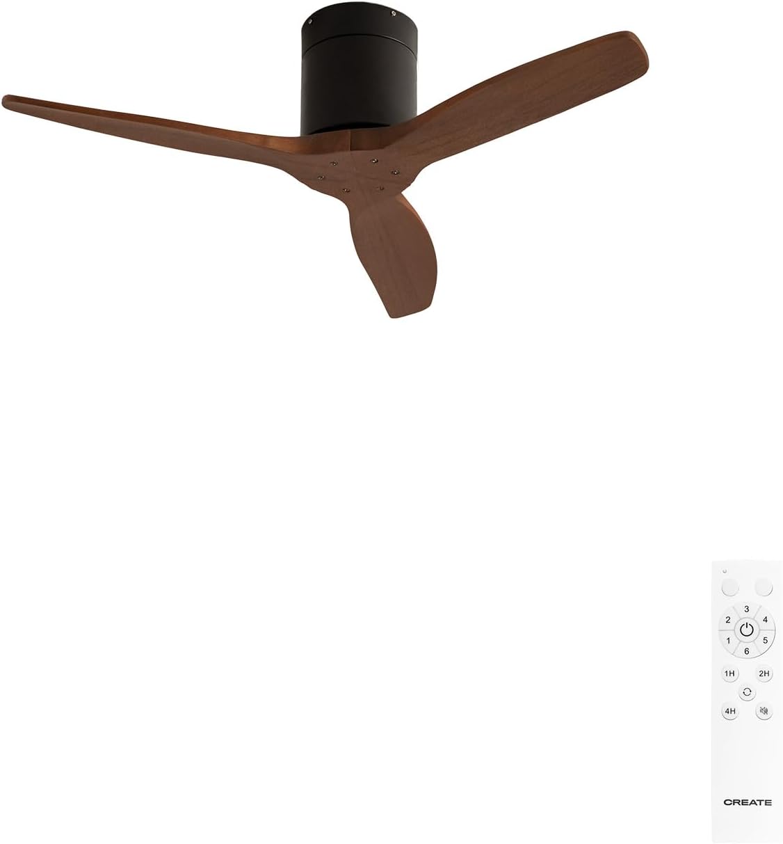CREATE WINDCALM S Ventilateur de plafond ABS noir pales effet bois foncé avec télécommande, 40 W, silencieux, Ø112 cm, 6 vitesses, minuteur, fonction été/hiver