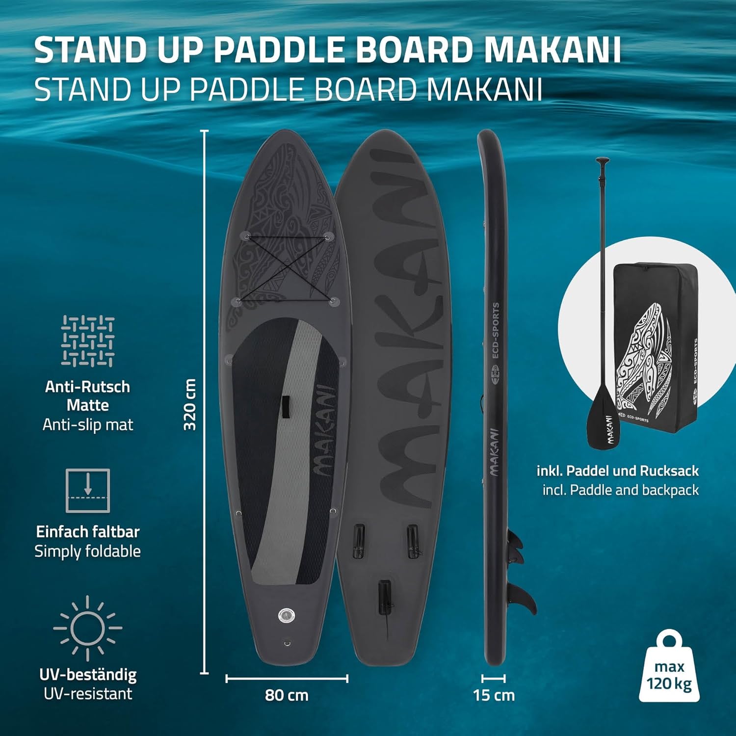 karaca-alisveris - Stand Up Paddle Gonflable - 305/308/320/380 cm - PVC, 120/150 kg, épaisseur 10/15 cm