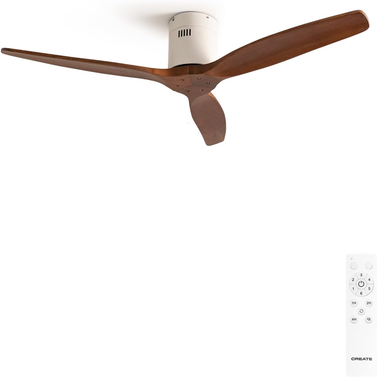 CREATE / WINDCALM M/Ventilateur de plafond ABS avec télécommande blanc pales effet bois foncé / 40W, Silencieux, Ø132 cm, 6 vitesses, minuterie, été-hiver, double hauteur