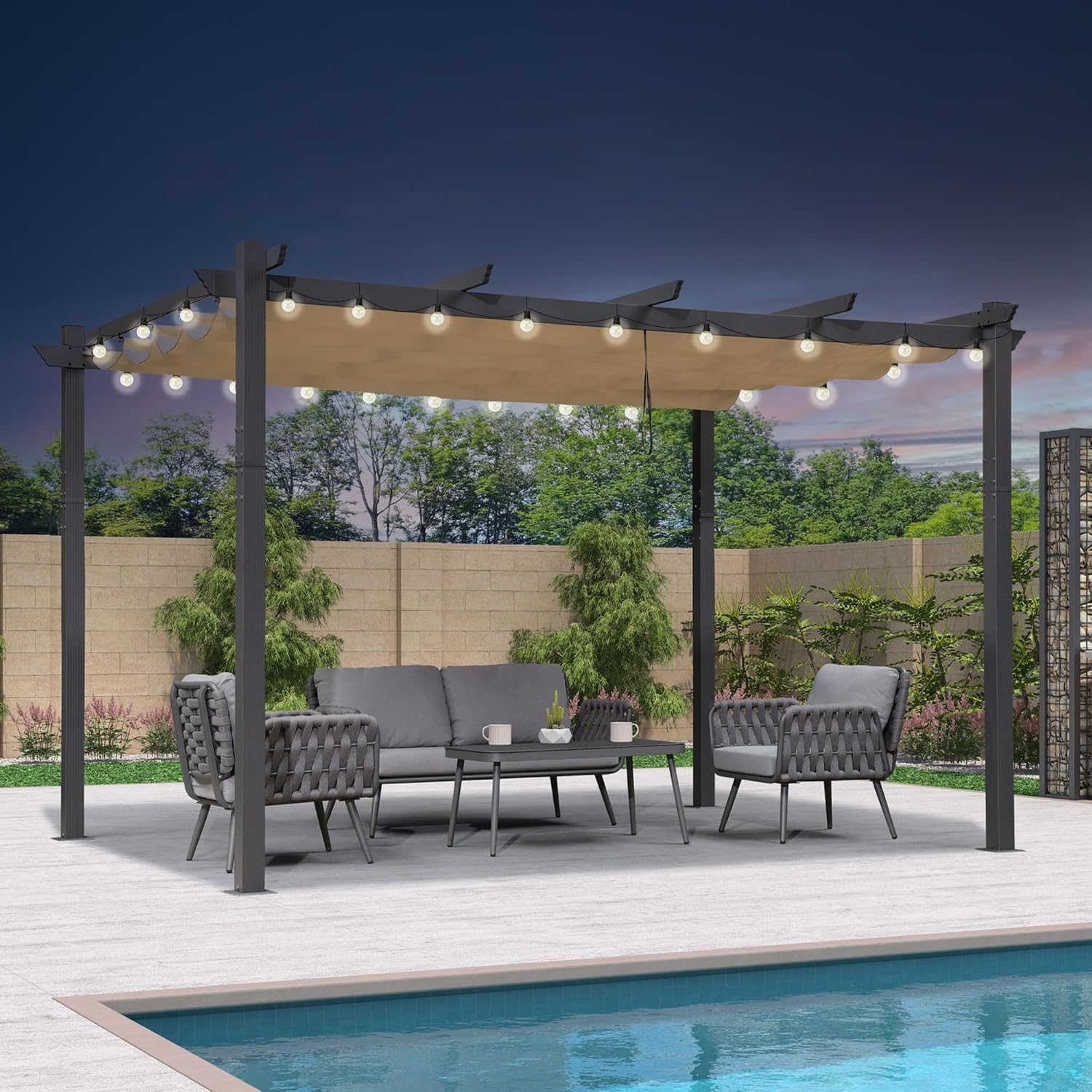 karaca-alisveris - Pergola Aluminium - 4x3,2m - LED intégrée, toit rétractable, kaki