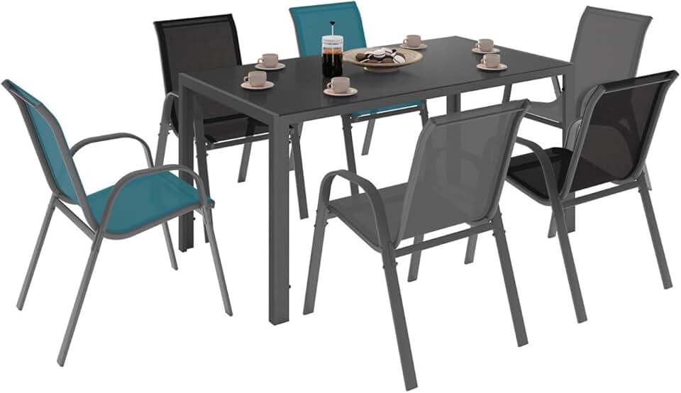 karaca-alisveris - Salon Madrid - Table 150 cm, 6 chaises mix gris/noir/bleu