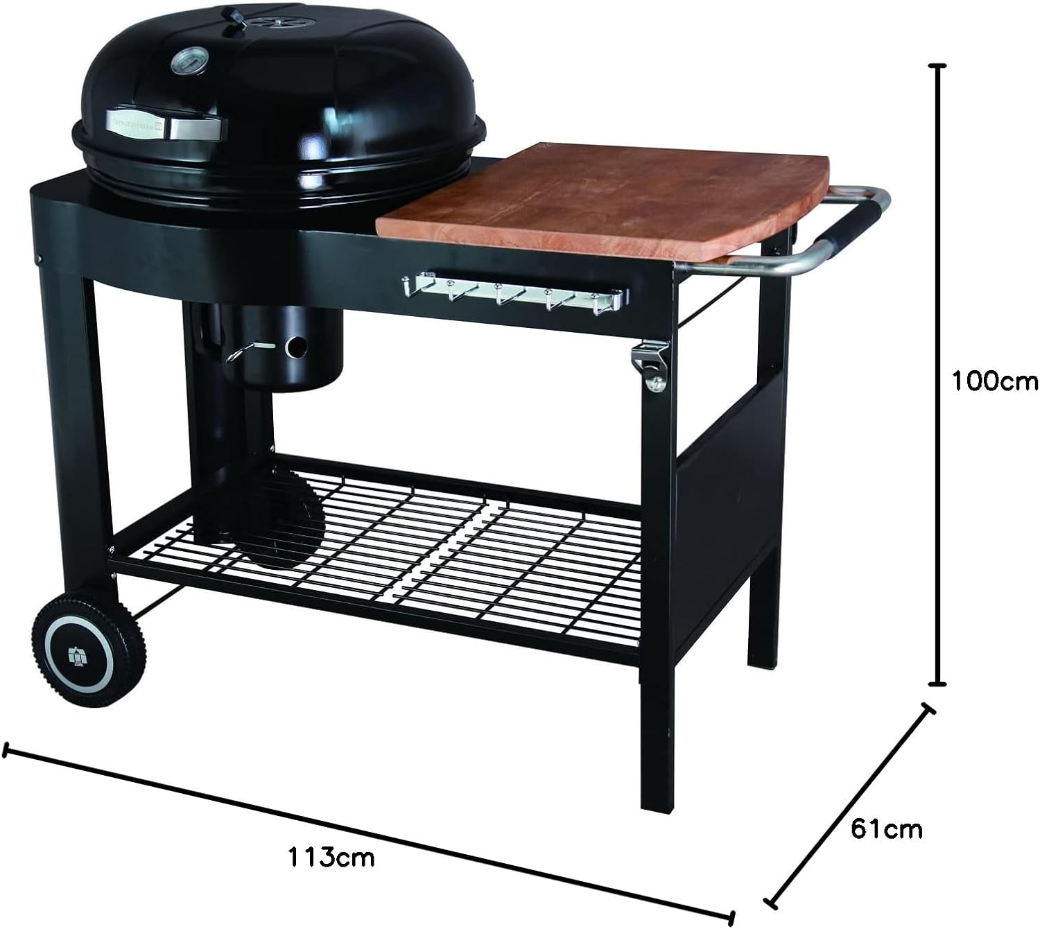 karaca-alisveris - Barbecue Calgary - acier/bois - couvercle thermomètre, tablettes, 2 roues, noir