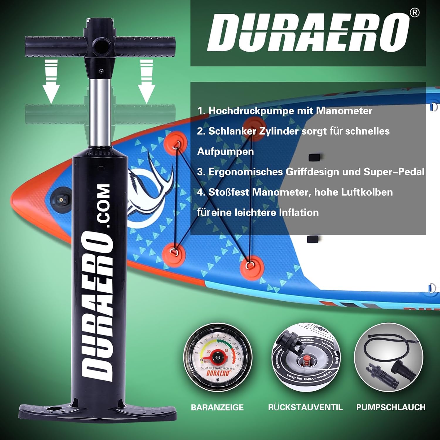 Siège de Kayak Gonflable Stand Up Paddle et Support de caméra, pagaie 2 en 1 330x76x15cm, Pompe jusqu'à 150kg avec Sangle de Pied, Sac à Dos