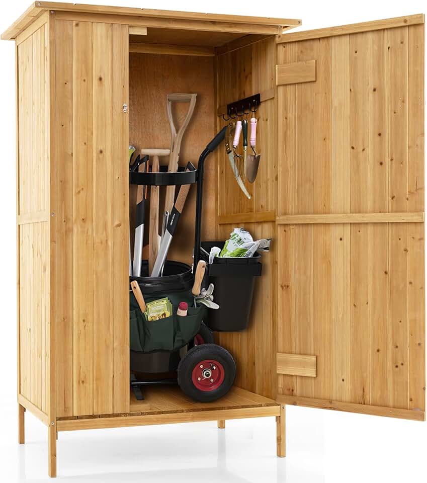 karaca-alisveris - armoire jardin bois - 3 étagères, toit asphalte, porte verrouillée