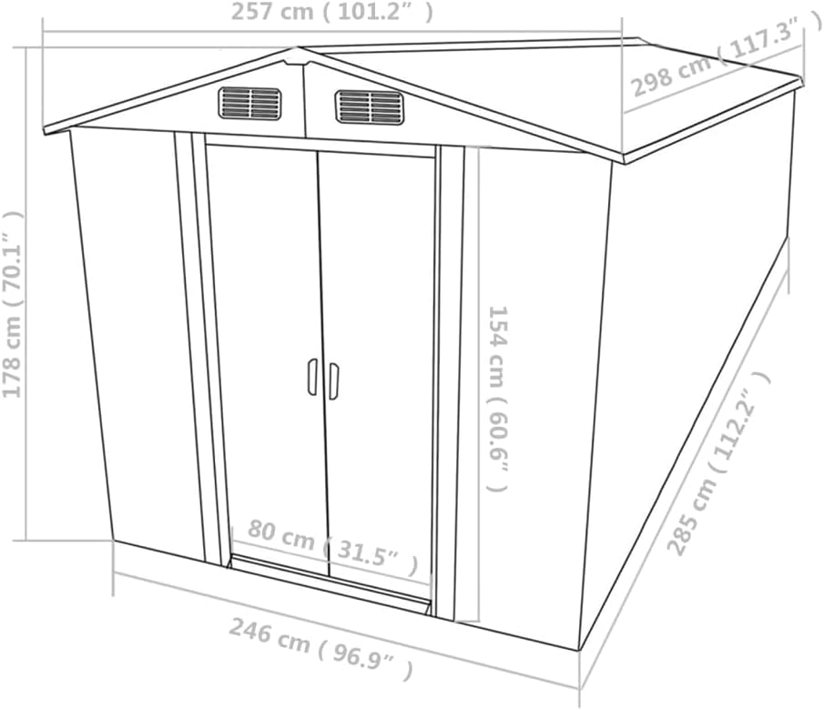 Abri de jardin en métal gris - 257x298x178 cm, résistant, 72,36kg