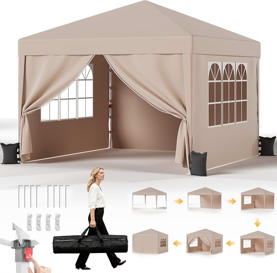 karaca-alisveris Tonnelle Pliante 3x3 imperméable, Hauteur Réglable, Toile Épaisse avec Fermeture Velcro, Structure Robuste, Protection Anti-UV, Idéale pour Camping, Jardin et Plus Encore, Beige
