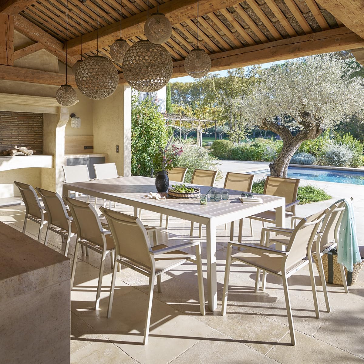 karaca-alisveris - Évasion - table jardin alu 12 places effet bois lin argile