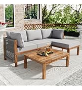 Ensemble Salon de Jardin Exterieur 3 Pièces en Résine Tressée Grise et Bois d'Acacia, Canapé D'An...