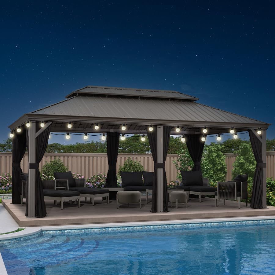 karaca-alisveris - Pergola double toit aluminium 3,65x6m rideaux LED, Gris -
