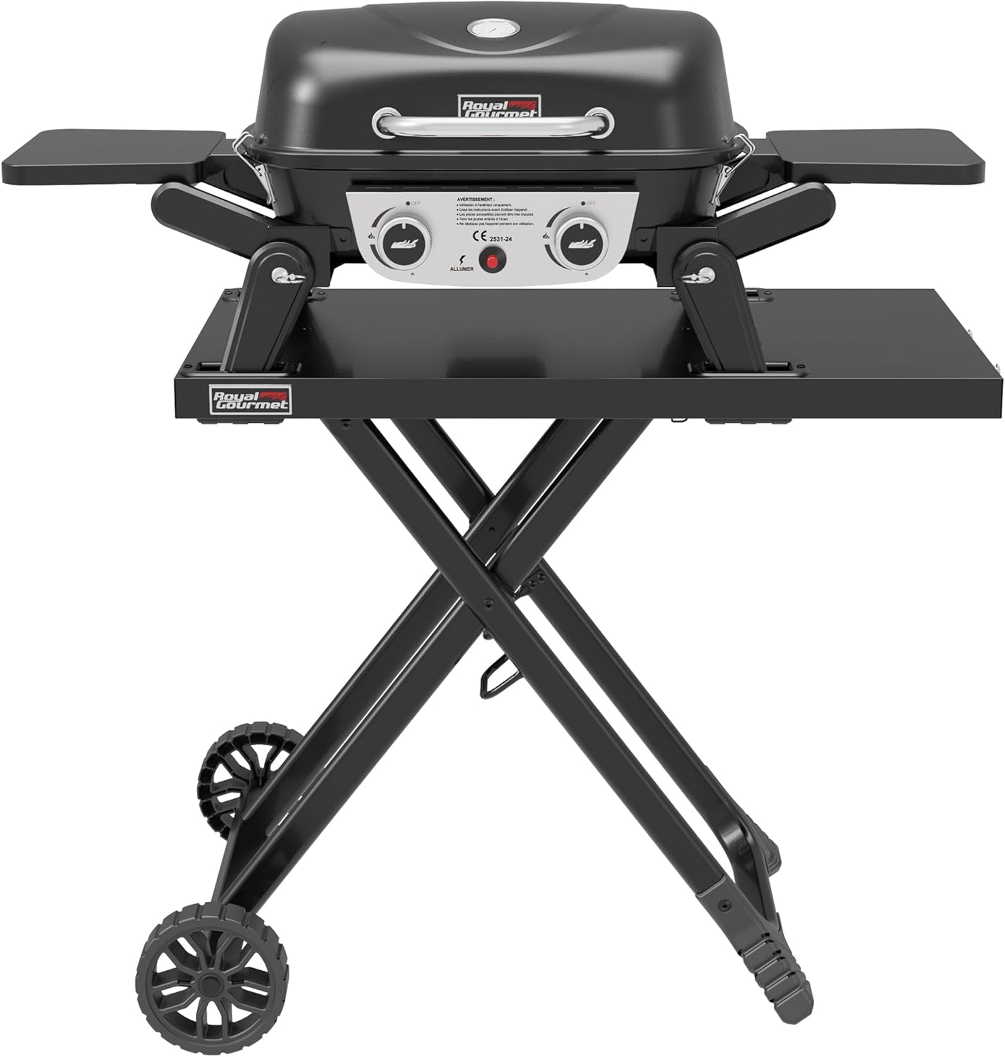 karaca-alisveris - barbecue gaz portable - 48x37 cm - 2 brûleurs, tables pliantes, chariot détachable, 5kW