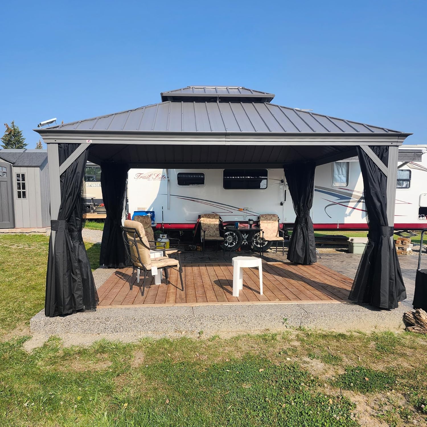 karaca-alisveris - tonnelle jardin double toit - 3,65x4,25m - aluminium, moustiquaire, rideaux