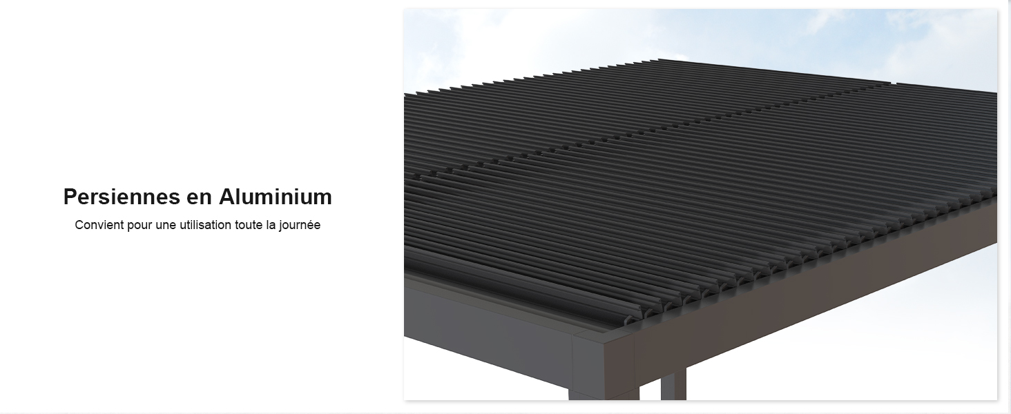 Surface à lattes ou plateforme en aluminium noir avec rainures parallèles, étiquetée « Persiennes en