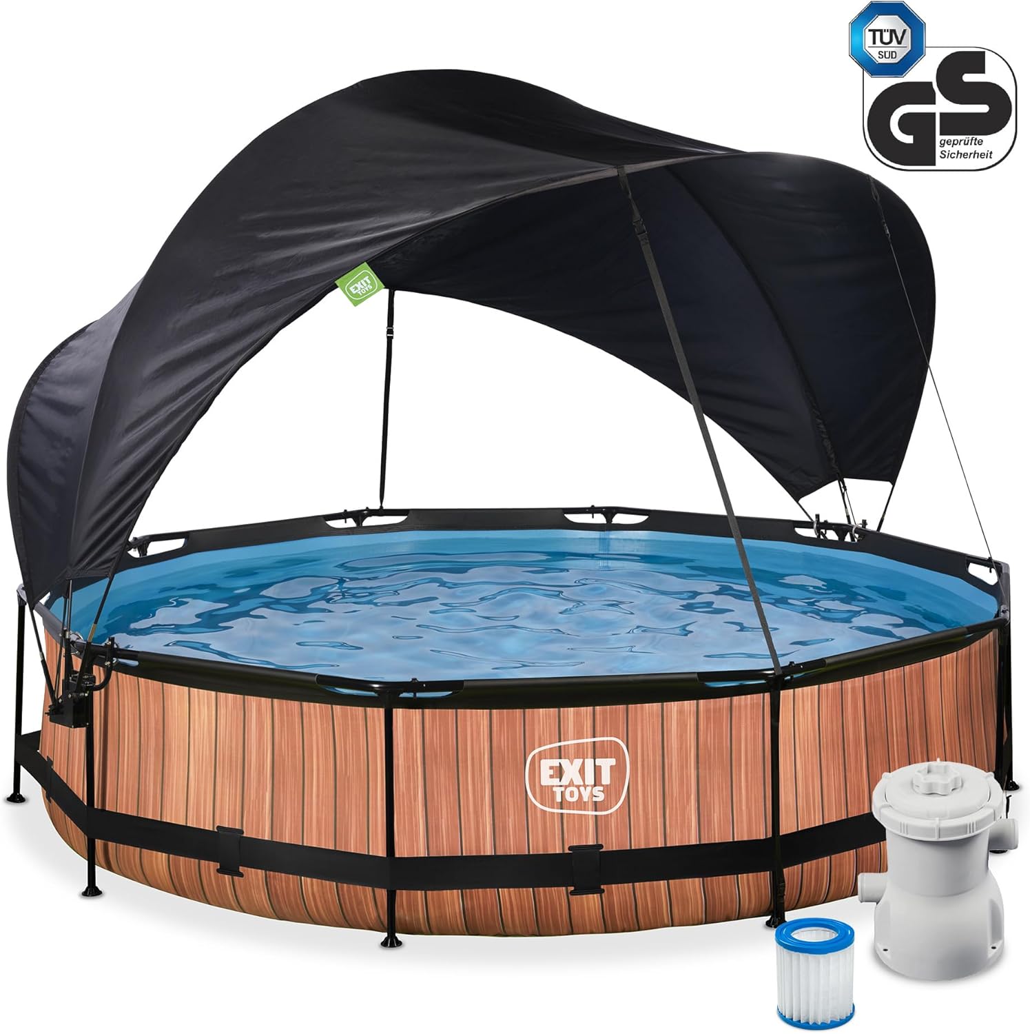 karaca-alisveris Piscine Wood avec Voile d'Ombrage - ø360x76cm - Piscine Hors Sol Ronde avec Pompe Filtrante à Cartouche - Protection Optimale Contre Les Rayons UV - Entrée Basse - Design Unique - Marron