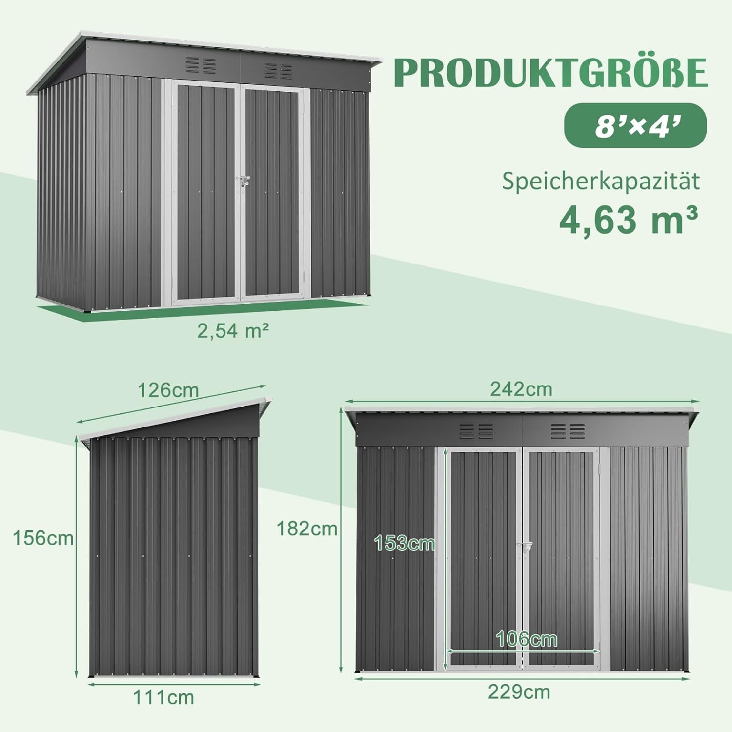 Abri de Jardin Métal Galvanisé avec Fondation, Cabane de Jardin Extérieur Résistant aux Intempéries, Cabanon de Rangement Spacieux, Toit Incliné Anti-Pluie, Marron (8x4 FT- 2)