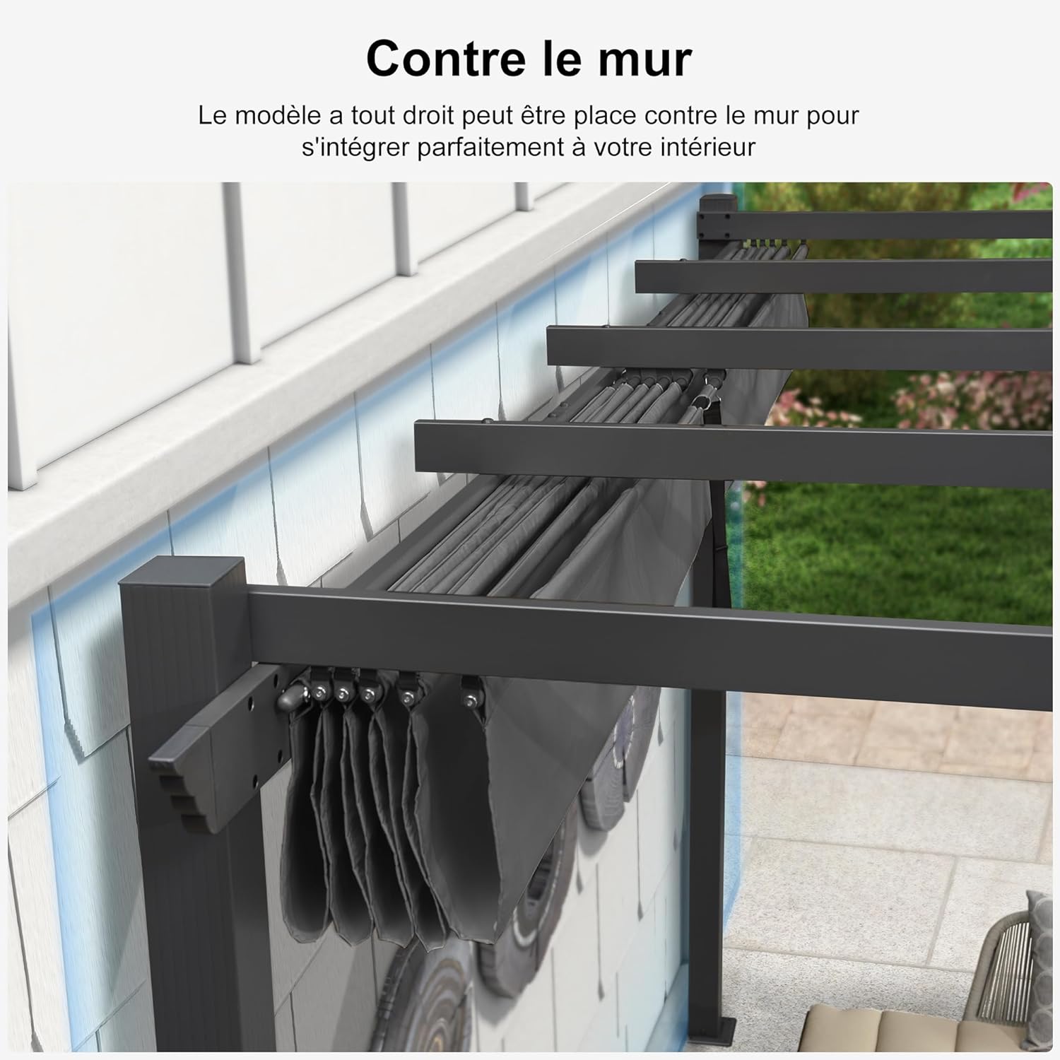 karaca-alisveris - Pergola murale série aluminium 4x2,7m toit coulissant, tissu teint, gris